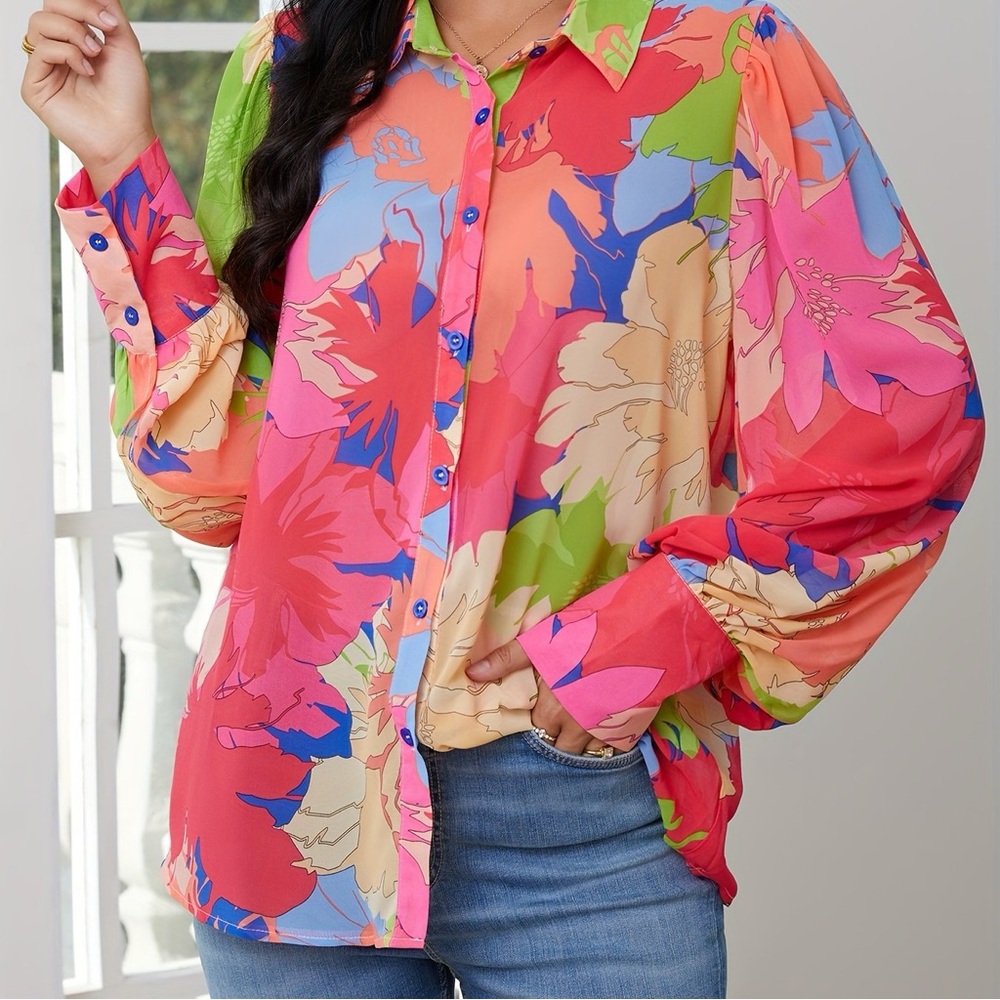 Loness Pink and Green Oversized Graphic Button Down